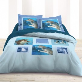 BUBBLE - Housse de couette 200*200 cm col. bleu imprimée dauphin - Parure de lit 2 personnes