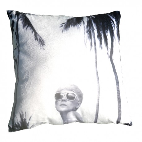 PALM BEACH - coussin 40x40 cm palmier blanc velours imprimé noir motif tropical