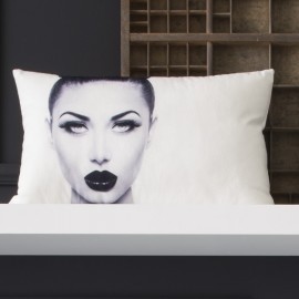 WOMAN - coussin 30x50 cm velours blanc visage de jeune fille imprimé noir