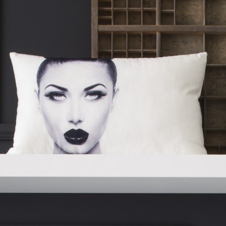 WOMAN - coussin 30x50 cm velours blanc visage de jeune fille imprimé noir