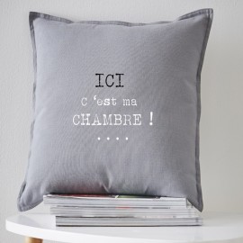 MA CHAMBRE - coussin 40x40 cm gris coton imprimé blanc