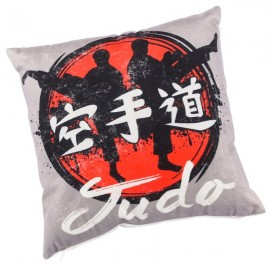 JUDO - coussin 30x30 cm velours imprimé motif Judoka / Karatéka gris noir rouge