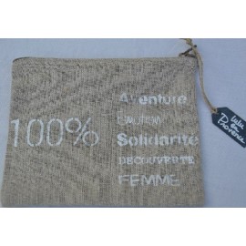 Pochette 100% Aventure imprimé blanc - Lin naturel - Fabriquée en France