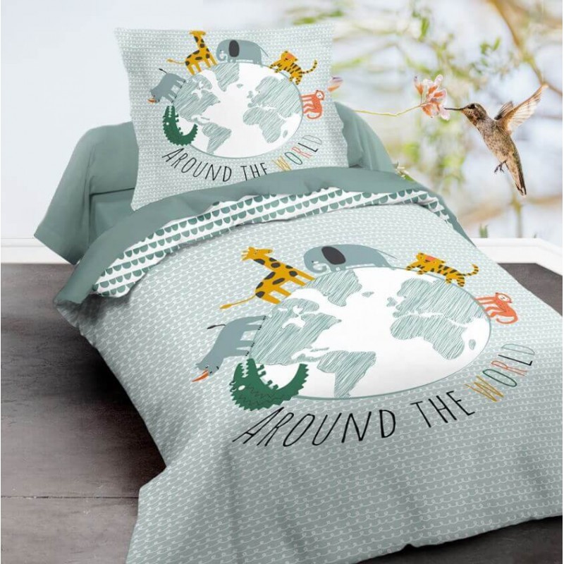 EARTH - Parure de Lit Enfant - Chambre Animaux Planisphère - Kolorados