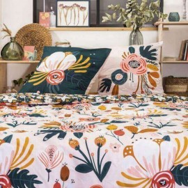 LOREA - Parure de Lit Coton - Imprimé Fleurs - 220 x 240 cm