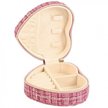 ROMANE - Coffret à Bijoux en Tweed - Coeur Rose Zippé