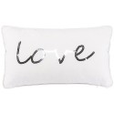 LOVE coussin 30 x 50 cm velours blanc brodé de sequins argentés passepoil blanc satiné imitation cuir