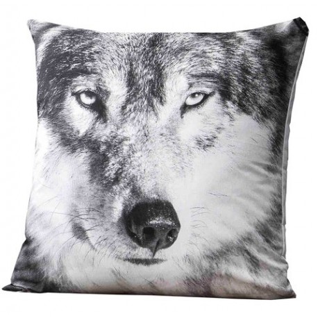WOLFI coussin tête de loup 40*40 cm blanc gris noir