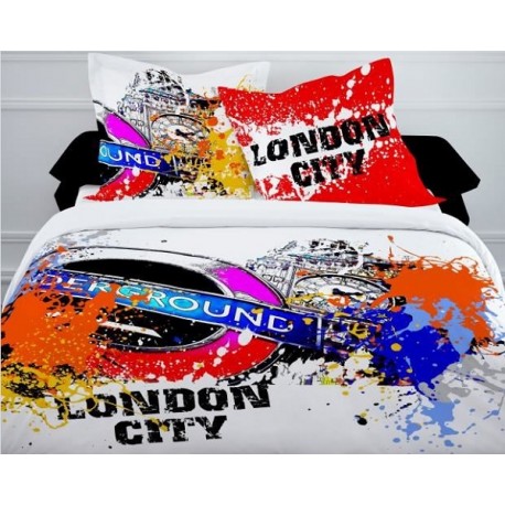 LONDON CITY - housse de couette 240*220 cm decoration urbaine chambre ado - 2 taies d'oreiller - Parure lit 2 personnes